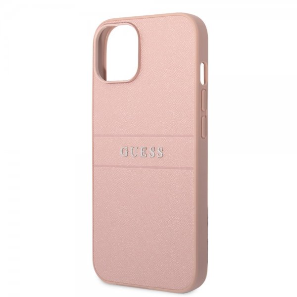 Guess iPhone 14 Plus Cover Saffiano Metal Logo Stripes Rosa
