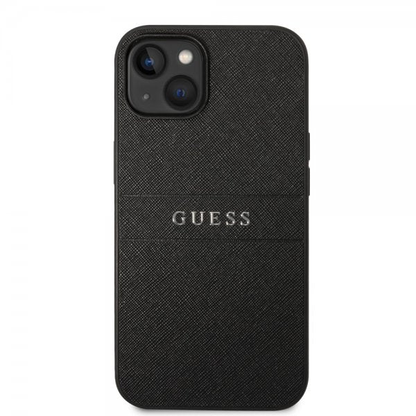 Guess iPhone 14 Plus Cover Saffiano Metal Logo Stripes Sort