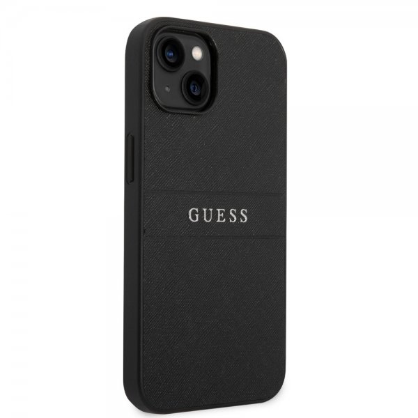 Guess iPhone 14 Plus Cover Saffiano Metal Logo Stripes Sort