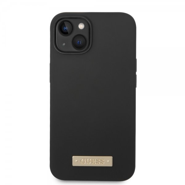 Guess iPhone 14 Plus Cover Silikone Metalplade MagSafe Sort