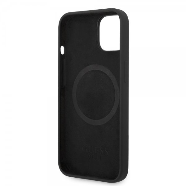 Guess iPhone 14 Plus Cover Silikone Metalplade MagSafe Sort