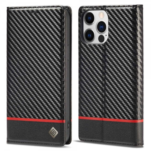 Lc.Imeeke iPhone 14 Pro Cover Kulfibertekstur Rød Stribe Horisontal
