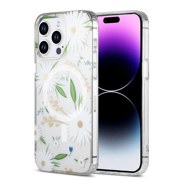 iPhone 14 Pro Max Cover Blomstermønster MagSafe Hvid