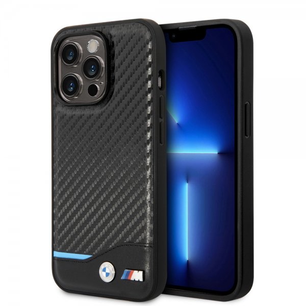 BMW iPhone 14 Pro Max Cover Carbon Effect Printed Logo Sort