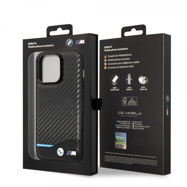 BMW iPhone 14 Pro Max Cover Carbon Effect Printed Logo Sort