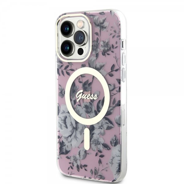 Guess iPhone 14 Pro Max Cover Flower MagSafe Lyserød