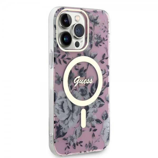 Guess iPhone 14 Pro Max Cover Flower MagSafe Lyserød