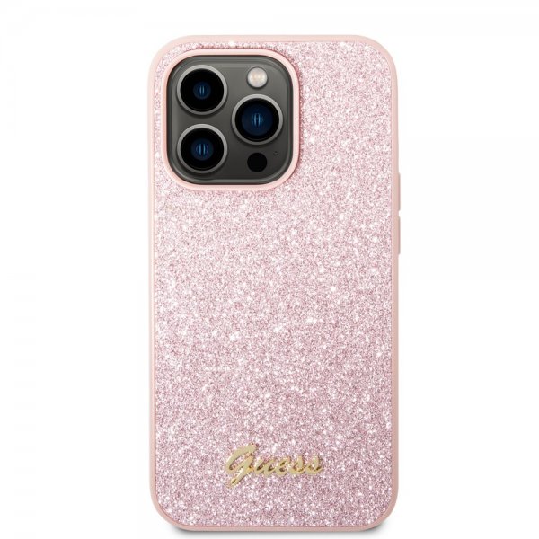 Guess iPhone 14 Pro Max Cover Glitter Flakes Metal Logo Rosa