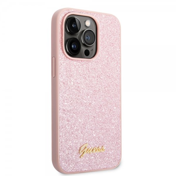 Guess iPhone 14 Pro Max Cover Glitter Flakes Metal Logo Rosa
