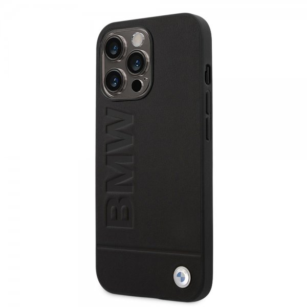 BMW iPhone 14 Pro Max Cover Hot Stamp Metal Logo Sort