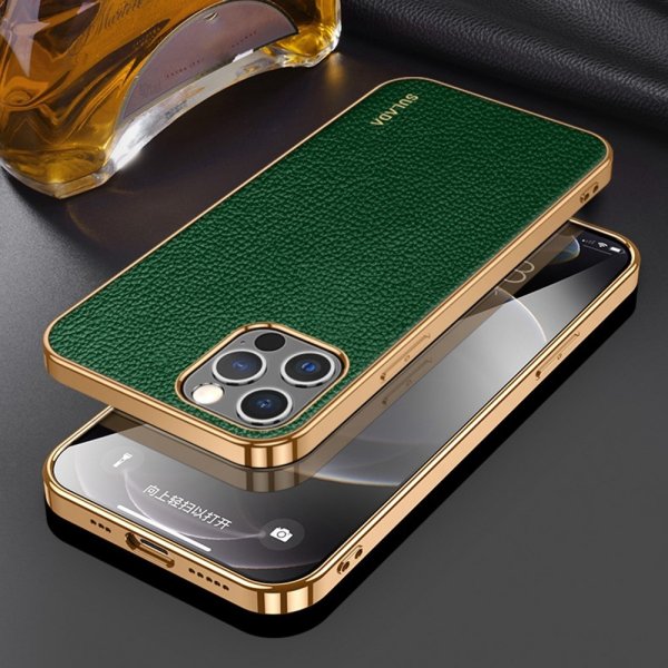 Sulada iPhone 14 Pro Max Cover Litchimønster Forgyldt Kant Grøn
