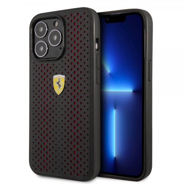 Ferrari iPhone 14 Pro Max Cover Logo Perforeret Sort Rød