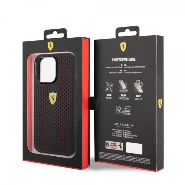 Ferrari iPhone 14 Pro Max Cover Logo Perforeret Sort Rød