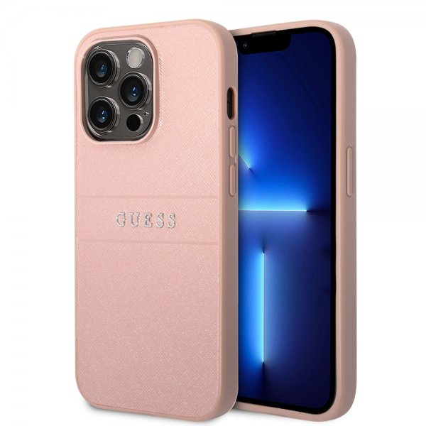 Guess iPhone 14 Pro Max Cover Saffiano Metal Logo Stripes Rosa