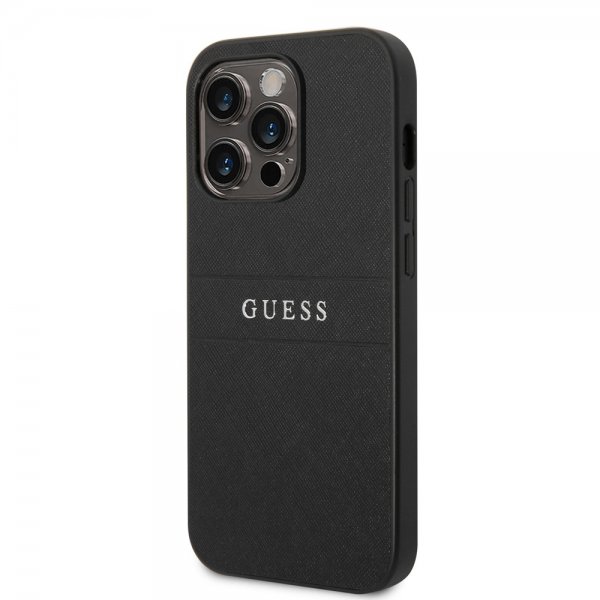 Guess iPhone 14 Pro Max Cover Saffiano Metal Logo Stripes Sort
