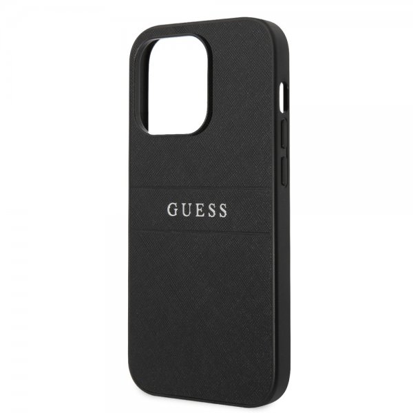 Guess iPhone 14 Pro Max Cover Saffiano Metal Logo Stripes Sort
