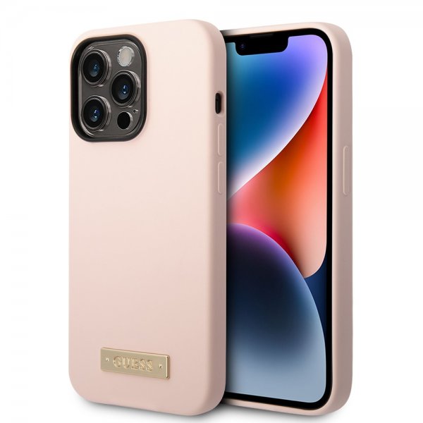 Guess iPhone 14 Pro Max Cover Silikone Metalplade MagSafe Rosa