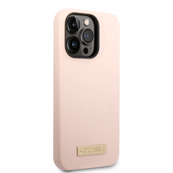Guess iPhone 14 Pro Max Cover Silikone Metalplade MagSafe Rosa