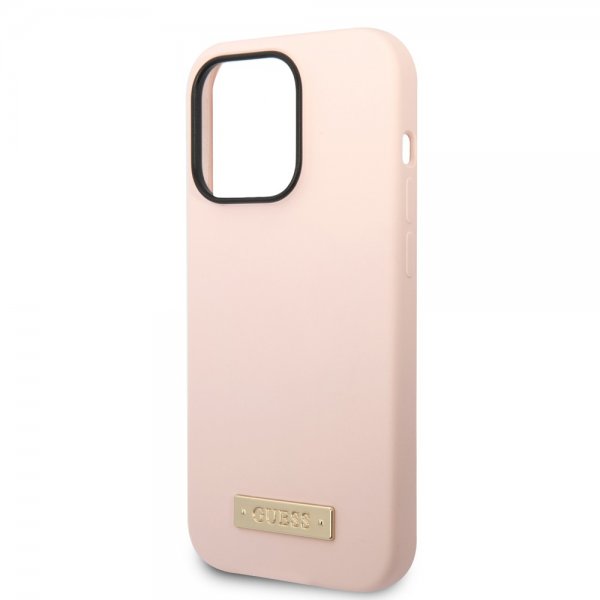 Guess iPhone 14 Pro Max Cover Silikone Metalplade MagSafe Rosa