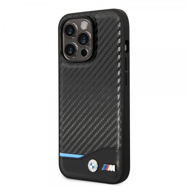 BMW iPhone 14 Pro Cover Carbon Effect Printed Logo Sort
