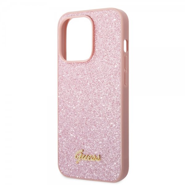 Guess iPhone 14 Pro Cover Glitter Flakes Metal Logo Rosa