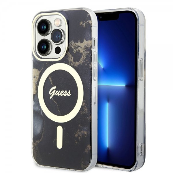 Guess iPhone 14 Pro Cover Golden Marble MagSafe Sort