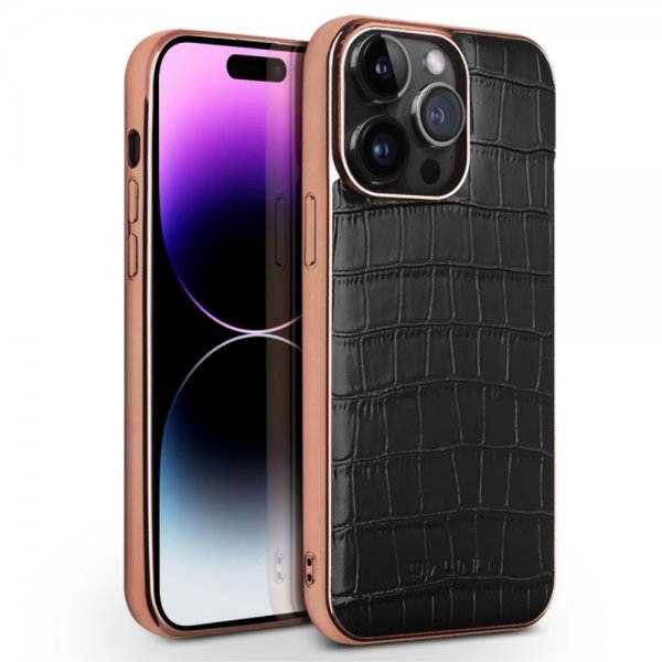 Qialino iPhone 14 Pro Cover Krokodillemønster MagSafe Sort