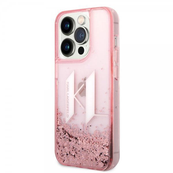 Karl Lagerfeld iPhone 14 Pro Cover Liquid Glitter Big Logo Rosa