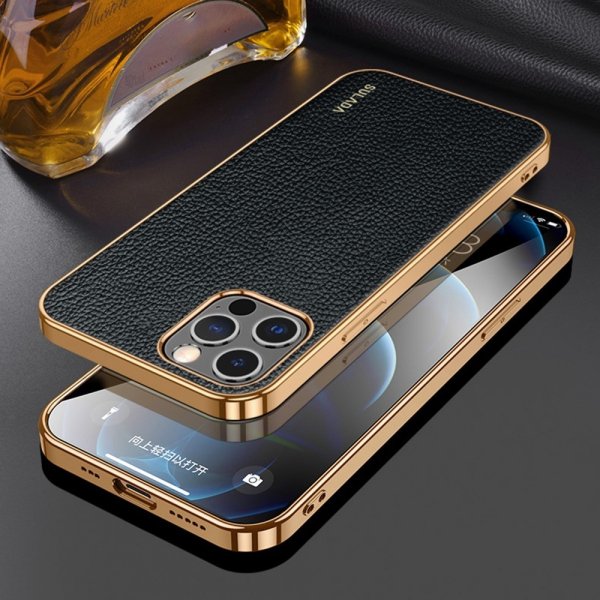 Sulada iPhone 14 Pro Cover Litchi-mønster Forgyldt Kant Sort
