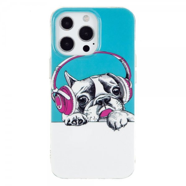 iPhone 14 Pro Cover Motiv Hund med Høretelefoner