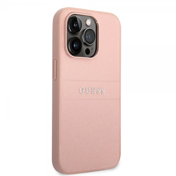 Guess iPhone 14 Pro Cover Saffiano Metal Logo Stripes Rosa