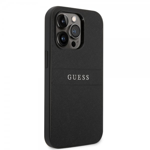 Guess iPhone 14 Pro Cover Saffiano Metal Logo Stripes Sort