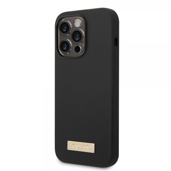 Guess iPhone 14 Pro Cover Silikone Metalplade MagSafe Sort
