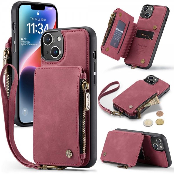 CaseMe iPhone 14 Cover C20 Kortlomme Lynlås Rød