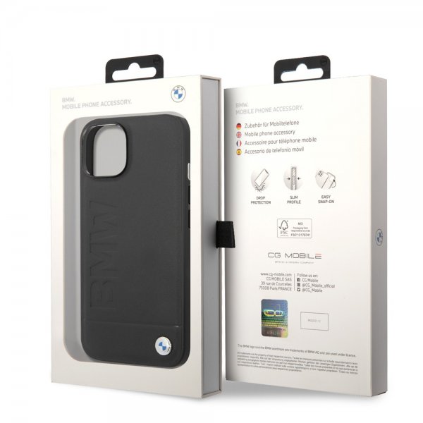 BMW iPhone 14 Cover Hot Stamp Metal Logo Sort