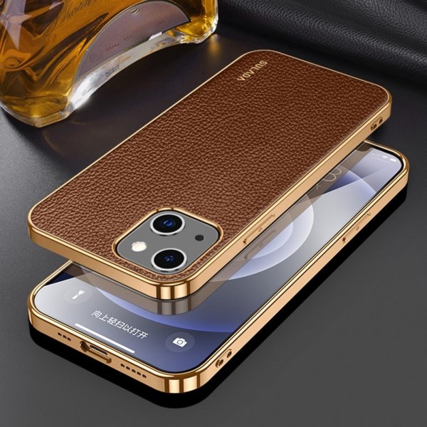 Sulada iPhone 14 Cover Litchimønster Forgyldt Kant Brun