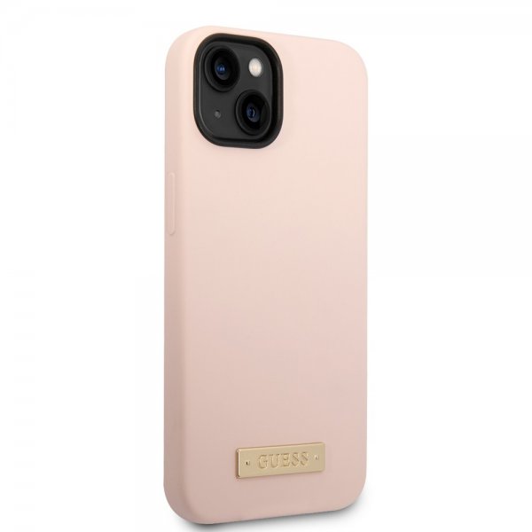 Guess iPhone 14 Cover Silikone Metalplade MagSafe Rosa