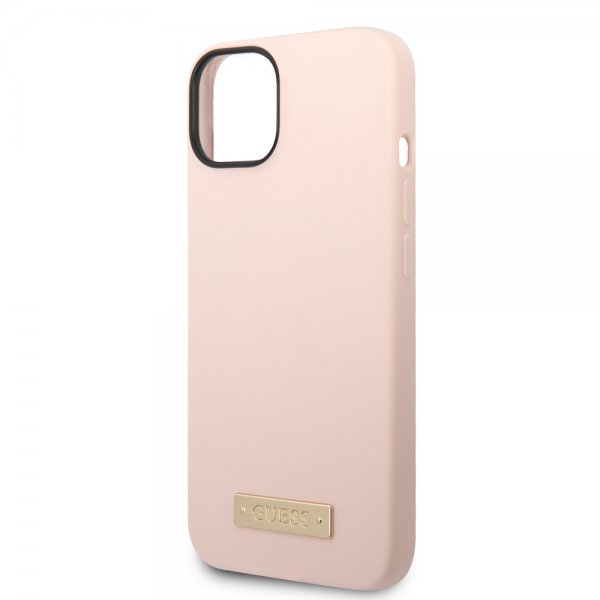 Guess iPhone 14 Cover Silikone Metalplade MagSafe Rosa