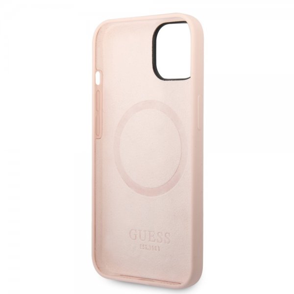 Guess iPhone 14 Cover Silikone Metalplade MagSafe Rosa