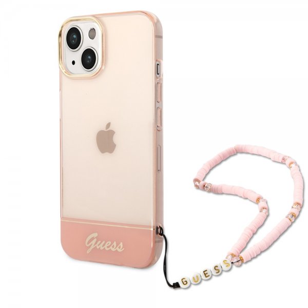 Guess iPhone 14 Cover Gennemsigtig med Rem Rosa