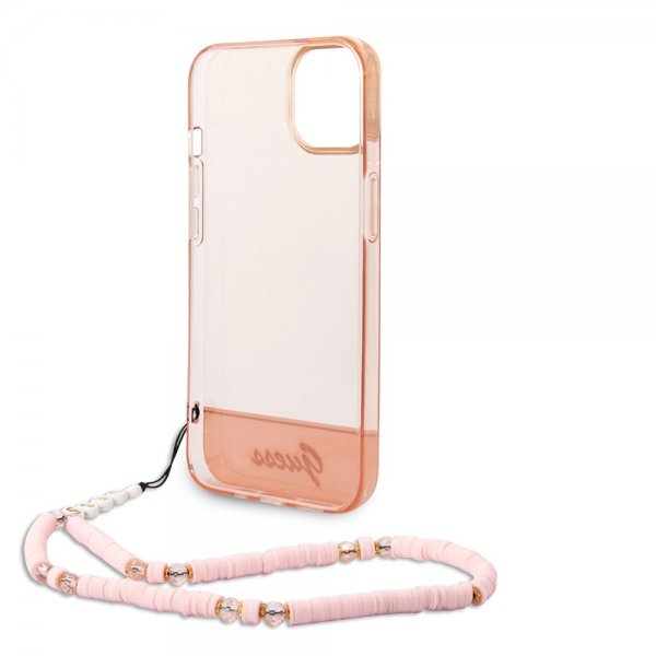 Guess iPhone 14 Cover Gennemsigtig med Rem Rosa