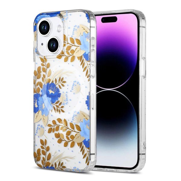 iPhone 14 Plus/iPhone 15 Plus Cover Blomstermønster MagSafe Blå Guld