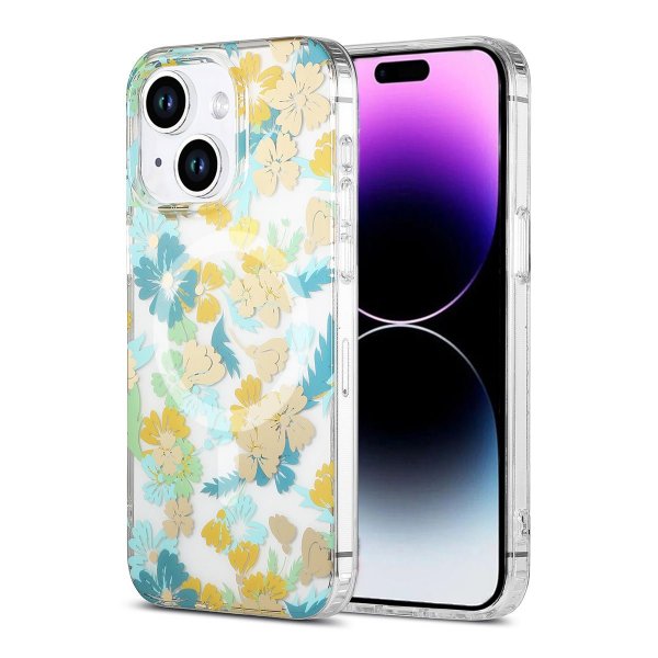 iPhone 14 Plus/iPhone 15 Plus Cover Blomstermønster MagSafe Turkis