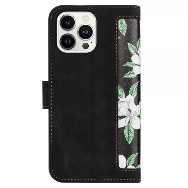 iPhone 15 Plus Etui Blomstermønster Sort