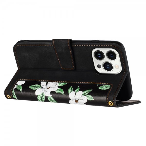 iPhone 15 Plus Etui Blomstermønster Sort
