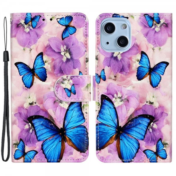 iPhone 15 Plus Cover Motiv Lilla Blomster Blå Sommerfugle