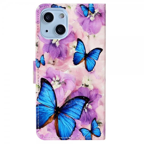 iPhone 15 Plus Cover Motiv Lilla Blomster Blå Sommerfugle