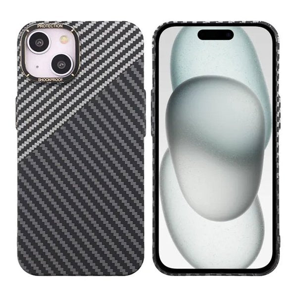 iPhone 15 Plus Cover Kulfiber Mønster Sort Hvid