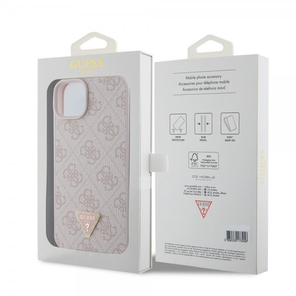 Guess iPhone 15 Plus Cover 4G Metal Triangle Strass Rosa