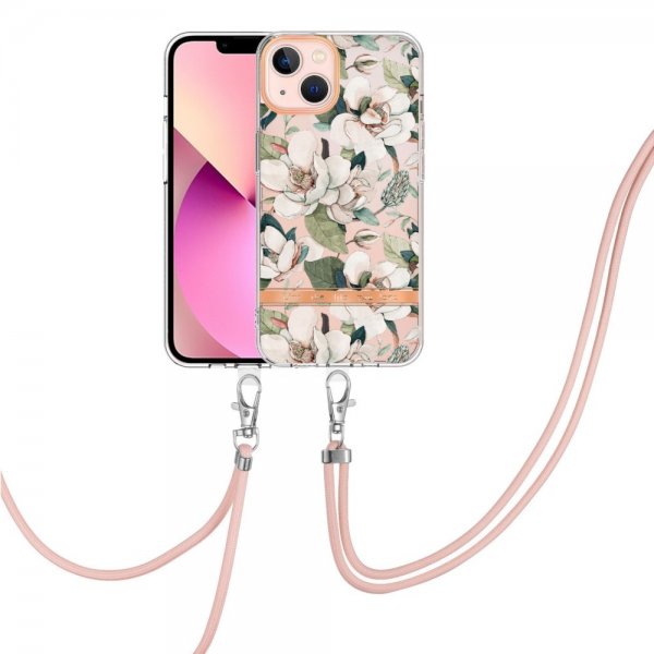 iPhone 15 Plus Cover Blomstermønster med Rem Grøn Gardenia
